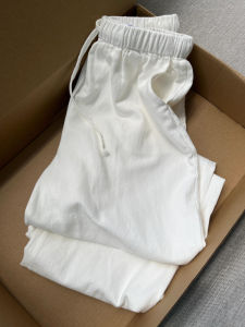 กางเกงขายาวทรงหลวมเอวสูงผ้าลินินสีขาว กางเกงขายาวทรงตรงผ้าฝ้ายลินินบางสำหรับผู้หญิงในช่วงฤดูร้อน