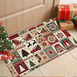 VIKAMA Christmas Patchwork Quilt Doormat Santa Truck Tree Snowman Plaid Welcome Mat Entryway Rug Front Porch Xmas Decor