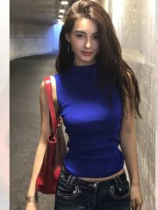 Áo Ba Lỗ Không Tay Màu Xanh Bó Sát Cổ Cao Cho Nữ Mùa Hè Áo Ba Lỗ Hở Lưng Áo Sơ Mi Cơ Bản Pure Desire Hot Bé Gái