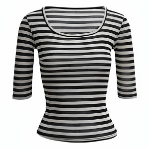 YUEZHONGWEI | Slim Fit Striped T-Shirt Women Summer Short Sleeve U-Neck Shoulder Level Ruffle Hemline Asymmetrical Design Moisture Wicking