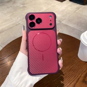 Carbon Fiber Texture Magsafe Magnetic Phone Case For iPhone 13 14 15 16 17 18 Pro Max Large Camera Window Heat Dissipation Shockproof Anti Fingerprint Protective Casing