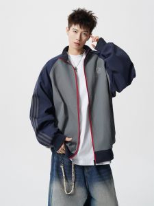 JIARONG | Vintage Color Block Stand Collar Autumn New Leisure Loose Jacket
