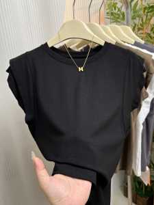 Fashionable White round Neck Short Sleeve T-Shirt Womens Slim Fit Summer New Design Sensation Fleece Sleeve Top Korean Style