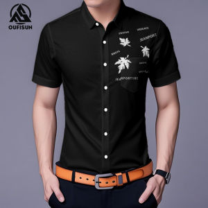 [Oufisun] sơ mi công sở họa tiết rồng Áo sơ mi cỡ lớn Nam ve áo lụa băng tay ngắn quần áo nam Polyester polo Áo sơ mi tốt mồi sơ mi công sở