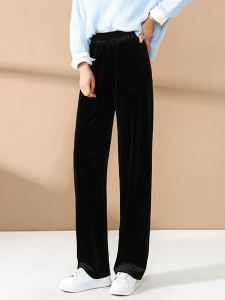 กางเกงขายาวทรงหลวมเอวสูงผ้ากำมะหยี่สีดำสำหรับผู้หญิง กางเกงขายาวทรงตรงทรงสลิมฟิต กางเกงขายาวทรงลำลองสำหรับผู้หญิง