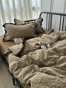 Retro French Style Pleated Black Lace Washed Cotton Bedding Set Dormitory Student Bed Sheet Three Piece Set Floral Quilt Cover