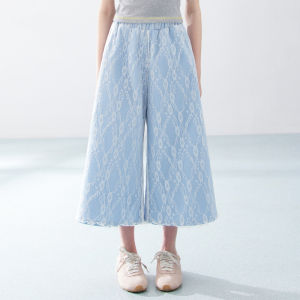 SASAKIDS Lace Splice Design Casual Wide Leg Jeans Light Blue Seven-Foot Childrens Pants Fashionable Individual Match
