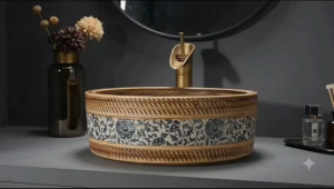 Lavabo nghệ thuật bằng gốm sứ họa tiết cây  mơ Paulin xinh đẹp