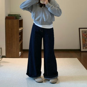Deep Blue Straight Leg Jeans Womens High Waist Loose Fit Floor Length Pants Spring Autumn Casual Slimming Versatile Denim Trousers