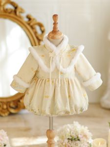 Girls One Year Old Birthday Party Clothes Winter Thickened Fleece Padded Cheongsam Baby Girls Clothing Traditional Chinese New Year Outfit