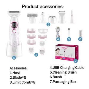 KEMEI Km-7101 Women Hair Shaver Lady Epilator Washable 6 in 1 Electric Lady Trimmer Shaver Epilator