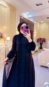 Abaya Turkey Hitam Terbaru CAMILA Jersey Mix Ceruty Bordir Mote Swaroski Size M L XL XXL