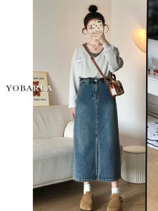 High Waist A-Line Mini Skirt with Slit for Women Denim Skirts Korean Style Commute Pocket Design plus Size Slimming Skirts