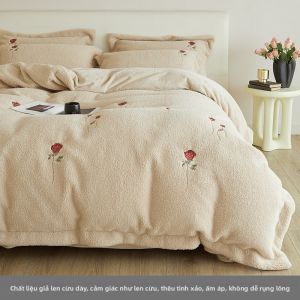 shui yang | Bộ Đồ Chăn Ga Gối Coral Fleece Thêu Hoa Hồng