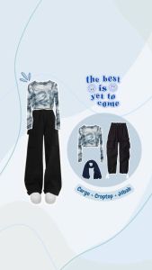 Satu Set Gaya Korea 3in1 | Croptop Vintage Abstrak + Celana Cargo + Jilbab Paris | - KA108