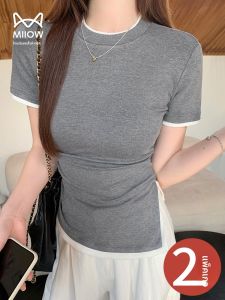 Miiow | Color Block T-Shirt Womens Short Sleeve Round Neck Basic Shirt Color Collision Shoulder Line Matching Summer Slim Fit Top