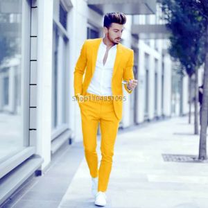 2 Pieces Solid Fashion Elegant Men Suit Beach Wedding Tuxedos Peak Lapel Blazer Casual Wear Jacket+Pants Daily Costume Homme