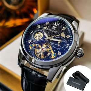 AOKULASIC | AOKULASIC Business Tourbillon Skeleton Mechanical Watch for Men Iced Out Dial Leather Strap Fashion Casual Automatic Watches New