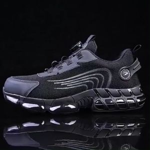 Sepatu Safety Pria Tali Putar Anti Slip dengan Ujung Besi dan Kaki Telur - Warna Hitam