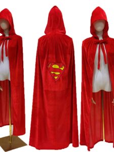 Cos * Superman Halloween Adult Cloak Red Gold Velvet Hooded Outwear Superhero Play Costume Cloak