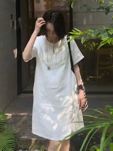 Shiny Sequin Linen Short Sleeve Dress Women Summer New Loose Slimming T-Shirt Dress Korean Style High Waist round Neck A-Line Skirt