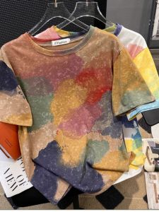 Summer Discount Womens Tie Dye Cotton Short Sleeve T-Shirt Loose Fashionable Age Reducing Top plus Size Korean Style round Neck
