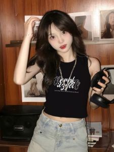 สไตล์อเมริกัน แขนกุด ฤดูร้อน เสื้อกล้าม ผู้หญิง พลัสไซส์ เซ็กซี่ พรางหุ่น สีดำ เสื้อยืดสวมใส่กลางแจ้ง สาวฮอต ลำลอง Top