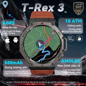 Đồng Hồ Thông Minh Quân Sự T-Rex 3 Pro Dành Cho Nam GPS Hai Băng Tần La Bàn Đo Độ Cao Áp Suất Khí Quyển Chống Nước 10ATM IP69K Màn Hình AMOLED 1.43 Inch Đồng Hồ Thể Thao