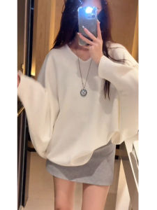 พลัสไซส์ ฤดูใบไม้ร่วง Lazy Style ผู้หญิง เสื้อฮู้ด หลวม ลำลอง แขนค้างคาวปกปิดเนื้อ พรางหุ่น เสื้อท่อนบน แขนยาวคอกลมสีบริสุทธิ์