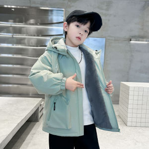 Jkids Boys Fleece Lined Jacket Autumn Winter New Style Korean Version Polyester Fiber Hooded Zipper Closure Print Pattern Coat
