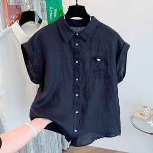 Elegant Cotton Linen Short Sleeve Shirt Womens Summer Thin Unique Beautiful Anti-Aging Polo Collar Top Breathable Korean Style