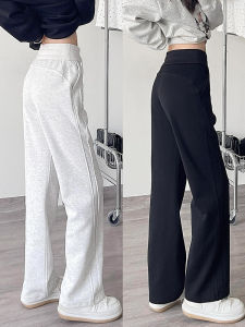 Gray Fleece Lined Thickened High Waist Wide Leg Pants Womens Sporty Casual Trousers Straight Banana Shaped Autumn Winter