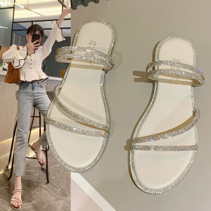 Womens Flat Sandals Summer New Outdoor Wear Water Diamond Slip-On Beach Unique Design Cross Buckle Flat Heel Sweet Style