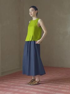 hacikis | Flattering Slimming Linen Blend Texture Top Peplum Hem Round Neck