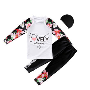 Rash Guards for Kids Girls Children Two Pieces Swimwear with Swim Cap Swimming Outfit for Child White or Black with Flowers Letter Pattern Long Sleeve Beachwear for Baby 2-10 Y