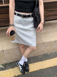 Preppy Style White Polka Dot Skirt Womens Plus Size Ladies Slimming Pocket A- line Mid-Length Dress High Waist to Knee Long Short Skirt