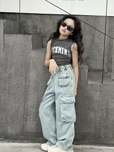 130-160cm กางเกงคาร์โก้เด็กผู้หญิง ยีนส์เด็ก กางเกงเด็กผู้หญิง เอวสูง เอวยางยืด หลวม กระเป๋าหลาย ระบายอากาศได้สะดวกสบาย