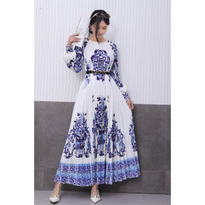 Elegant Blue And White Porcelain Print Long Sleeve round Neck Slimming Gown Skirt A-Line Maxi Dress for Women Autumn New Style