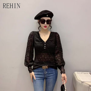 REHIN Áo Nữ Áo Ren Dài Tay Cổ Chữ V Áo Thun Áo Cánh Lưới Thời Trang Xu Hướng