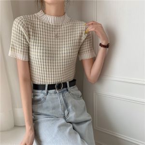 PM✿ Korean Knitted T-Shirt Contrast Color Wave Stripe Short-sleeved Tops