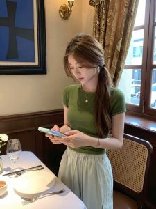 Loowmane | Green Round Neck Slim Fit Short T-Shirt Female Petite Korean Style