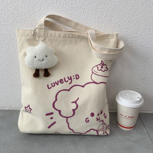 Cute Canvas Tote Bag Large Capacity Summer Womens Handbag Single Shoulder Bag Soft Fabric Zipper Closure Daily Use Bag