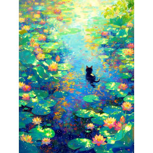 Scenic Lotus Pond with Black Cat Artwork Jigsaw Puzzle 500/1000/1200/2000PCS Stress Relief Puzzle Wall Art Decor Gift