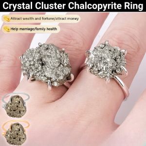 [Source of Wealth] Crystal Cluster Chalcopyrite Ring Adjustable Natural Pyrite Ring Irregular Rough Stone Ring Energy Jewelry Gifts