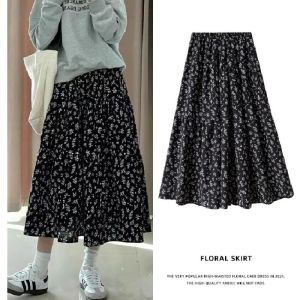 Váy Midi Họa Tiết Hoa Màu Đen Cạp Cao Cho Nữ Cỡ Lớn Váy Chữ a Đa Năng Che Mông Váy Dài Vừa Phải