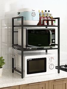 High Quality Carbon Steel Kitchen Microwave Shelf Rack Adjustable Oven Storage Rack Organizer Spice Rack With Hooks