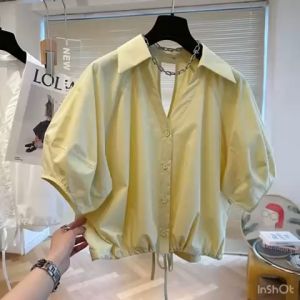 SJM KEMEJA DAILY WANITA V-NECK BAHAN KATUN POPLIN LENGAN PENDEK MODEL BAWAH SERUT 2935