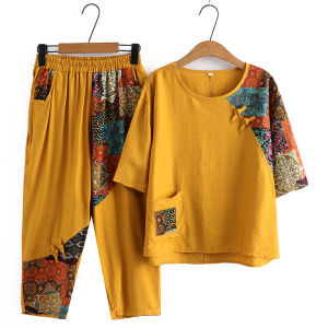 Ice Silk Cotton Linen Short Sleeve T-Shirt Set Womens Ethnic Style Top Loose Fit Button Detail Eighteen Pants Vintage Pattern