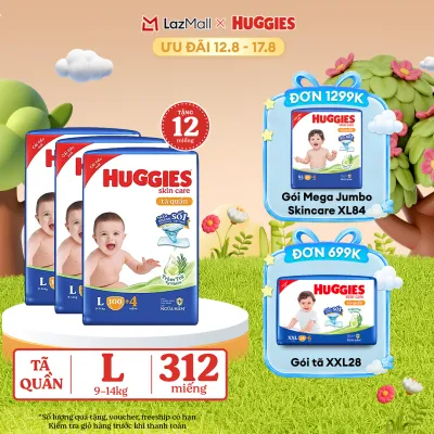[12-17.08 GIẢM THÊM 90K] Combo 3 Gói Tã/bỉm quần HUGGIES SKINCARE MEGA JUMBO size L96+8 miếng/ L100+4 miếng