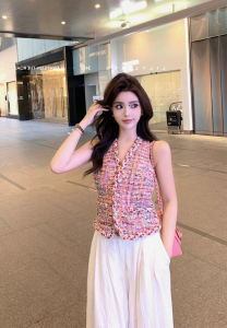 Colorful Knitted Vest Womens Hanging Neck Design Waist-Cinching Tweed Vest Top Trendy Shoulder Strap Summer Fashion Ladies Tank Top